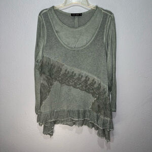 Casual Express Top XXL Green Long Sleeve Lace Ruffle Tunic Embellished Artsy